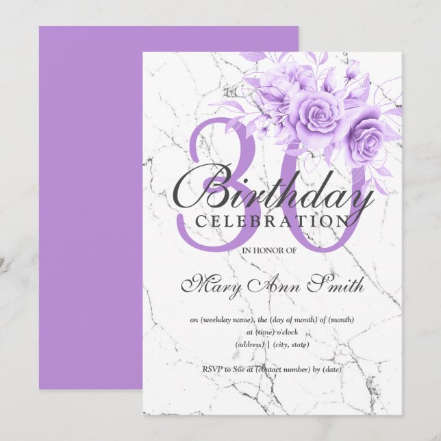Purple Floral 30th Birthday Party Marble  Invitation (Front/Back)