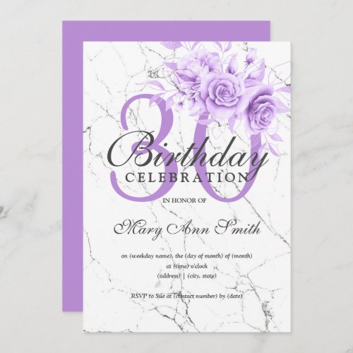 Purple Floral 30th Birthday Party Marble  Invitation