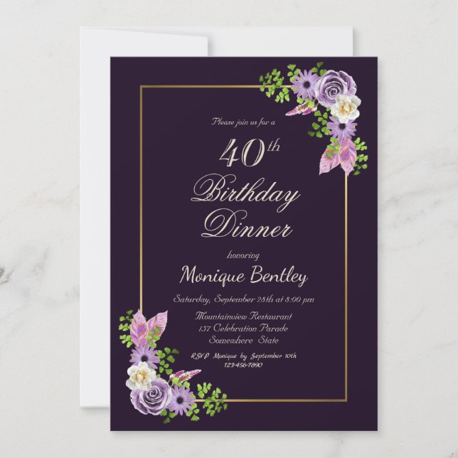 Purple Floral 40th Birthday Dinner Invitation (Front)