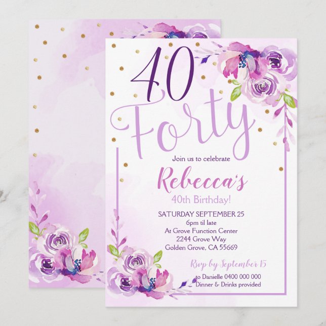 Purple Floral 40th Birthday Invitation 40th (Front/Back)