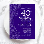 Purple Floral 40th Birthday Party Invitation<br><div class="desc">Purple Floral 40th Birthday Party Invitation. Minimalist modern design featuring botanical outline drawings accents and typography script font. Simple trendy invite card perfect for a stylish female bday celebration. Can be customized to any age. Printed Zazzle invitations or instant download digital printable template.</div>