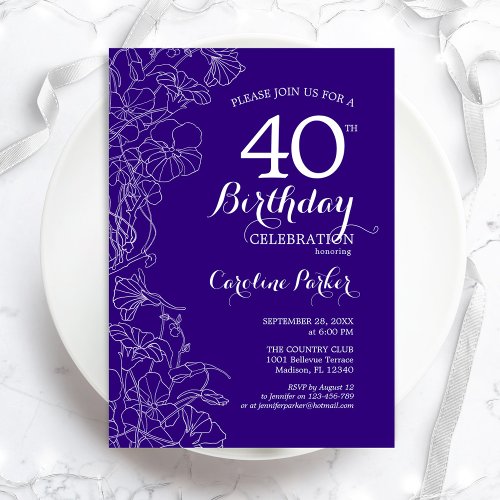 Purple Floral 40th Birthday Party Invitation