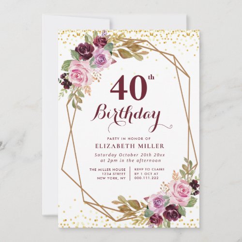 purple floral 40th birthday party invitation