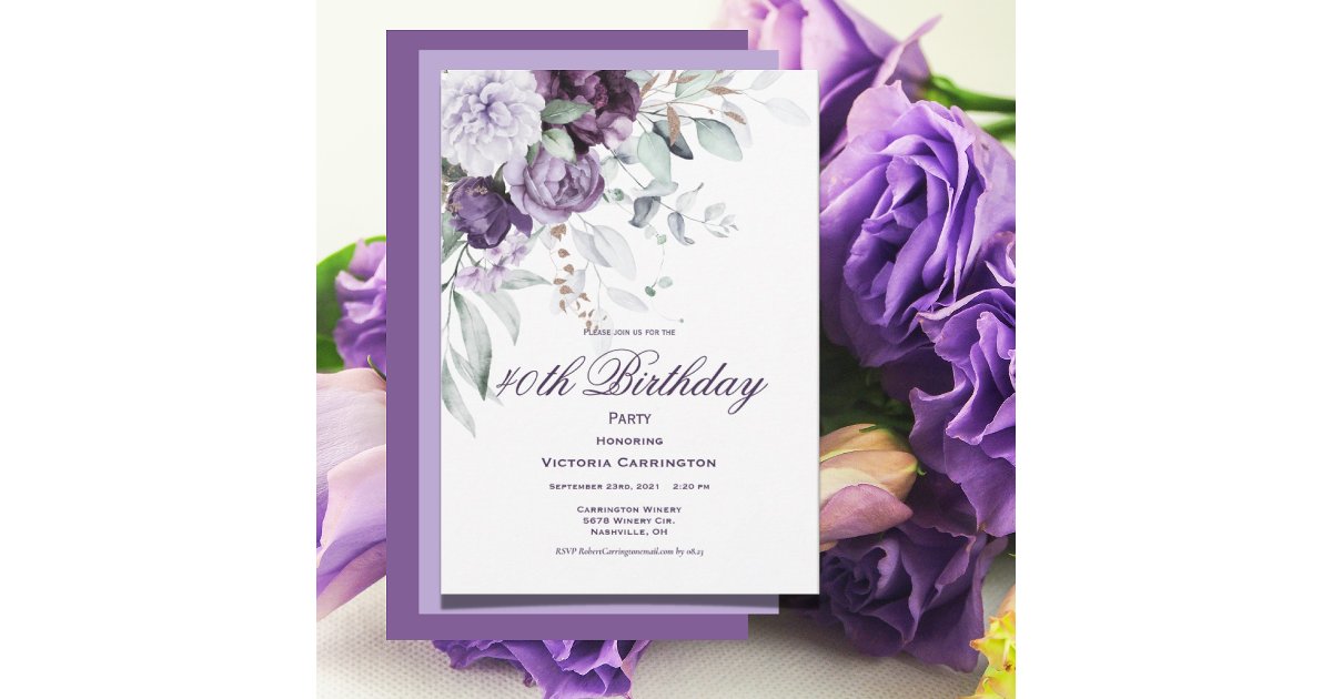 Purple Floral 40th Birthday Watercolor Modern Invitation | Zazzle