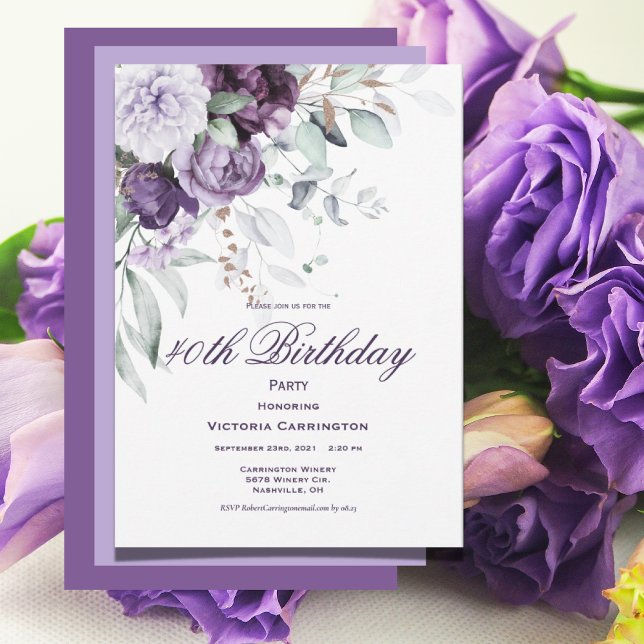 Purple Floral 40th Birthday Watercolor Modern Invitation (Creator Uploaded)