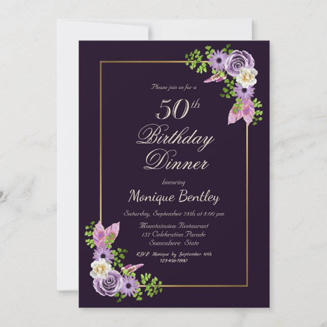 Purple Floral 50th Birthday Dinner Invitation (Front)
