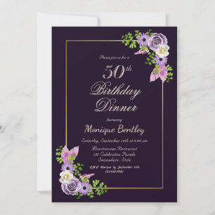 Purple Floral 50th Birthday Dinner Invitation