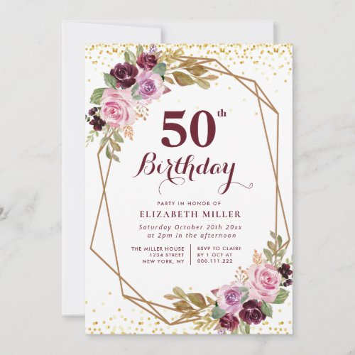 purple floral 50th birthday party invitation