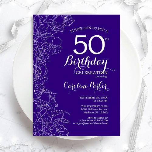 Purple Floral 50th Birthday Party Invitation