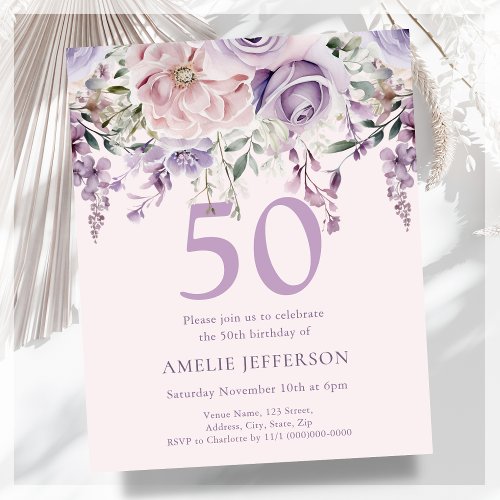 Purple Floral 50th Budget Birthday Invitation