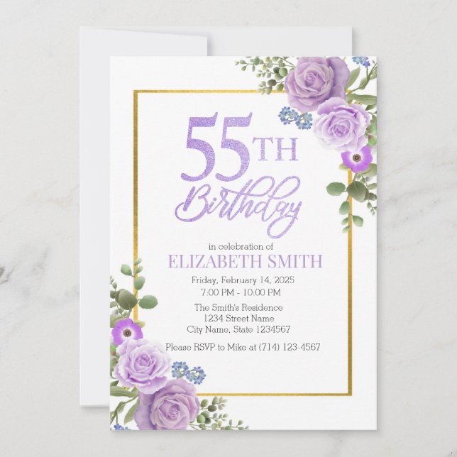Purple Floral 55th Birthday Invitation Template (Front)