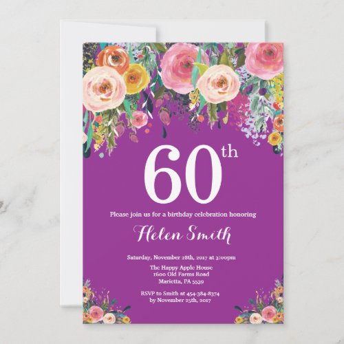 Purple Floral 60th Birthday Invitation