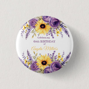Purple floral 60th birthday party button