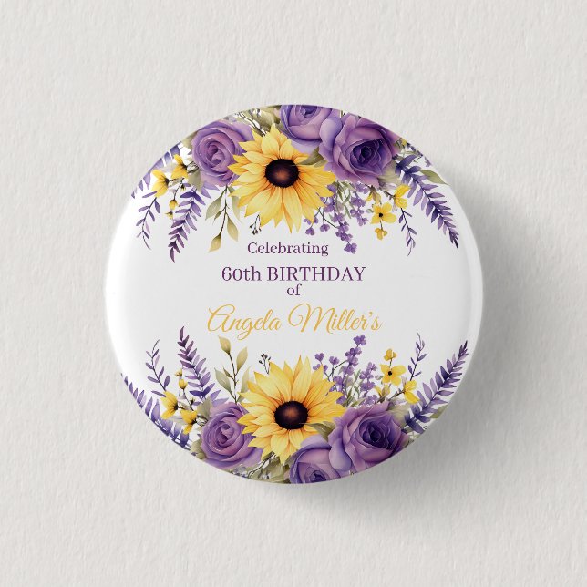Purple floral 60th birthday party button (Front)