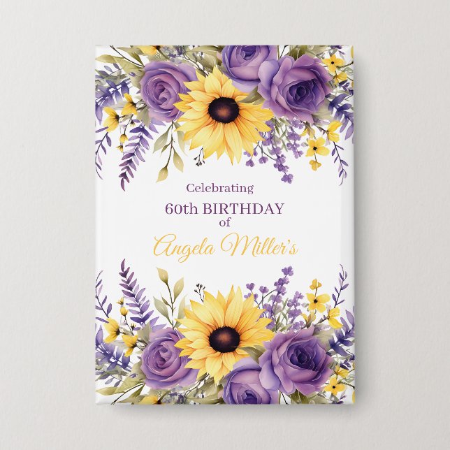 Purple floral 60th birthday party button (Front)