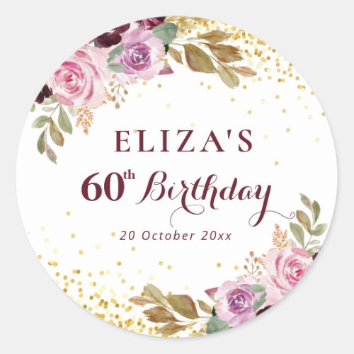 Purple floral 60th birthday party classic round sticker