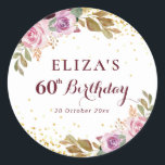 Purple floral 60th birthday party classic round sticker<br><div class="desc">A lovely floral theme design with lovely purple watercolor flowers. The text and colors can be personalized.</div>