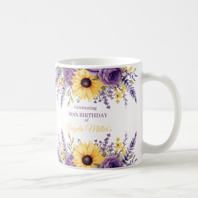 Purple floral 60th birthday party coffee mug (Right)