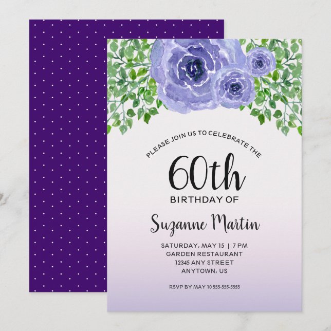 Purple Floral 60th Birthday Party Invitation (Front/Back)