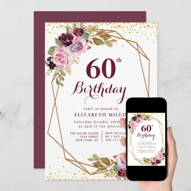 purple floral 60th birthday party invitation | Zazzle