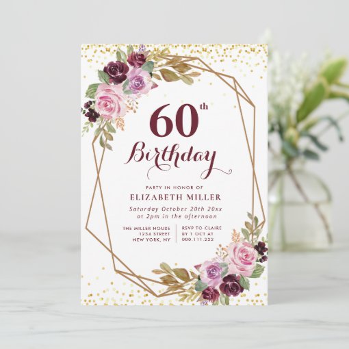 purple floral 60th birthday party invitation | Zazzle