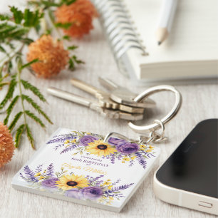 Purple floral 60th birthday party keychain