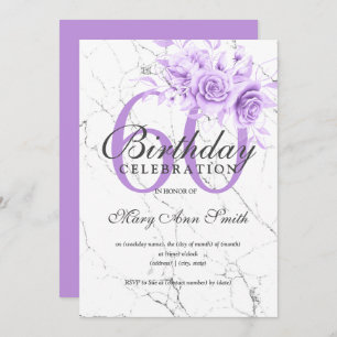 Purple Floral 60th Birthday Party Marble Invitation
