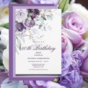 Purple Floral 60th Birthday Watercolor Modern Invitation