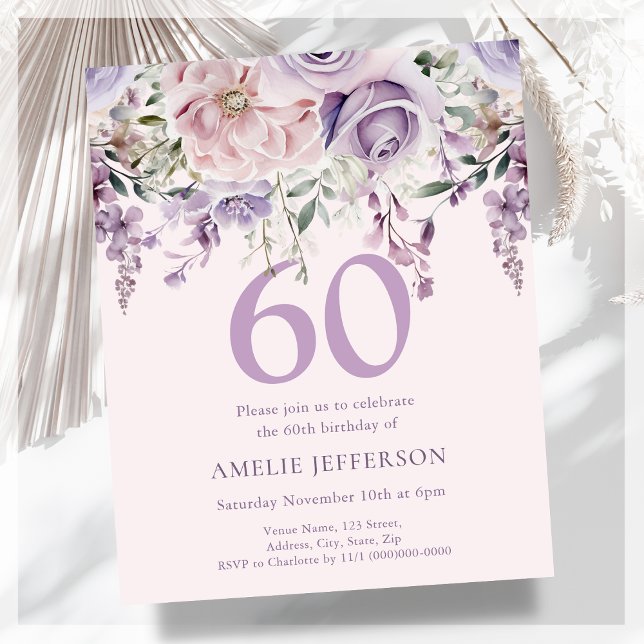Purple Floral 60th Budget Birthday Invitation (Creator Uploaded)