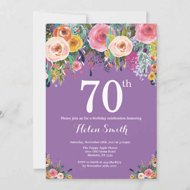 Purple Floral 70th Birthday Invitation (Front)
