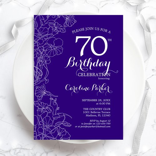 Purple Floral 70th Birthday Party Invitation