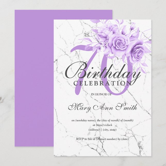 Purple Floral 70th Birthday Party Marble Invitation (Front/Back)
