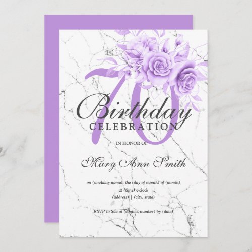 Purple Floral 70th Birthday Party Marble Invitation