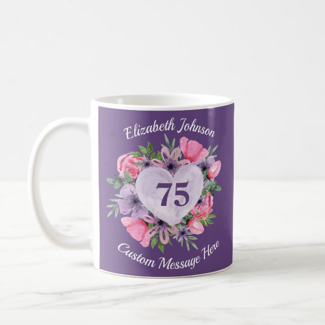 Purple Floral 75th Birthday Mug for Women (Left)