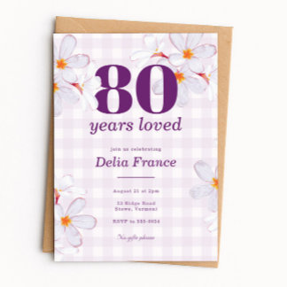 Purple Floral 80 Years Loved Birthday Party Invitation