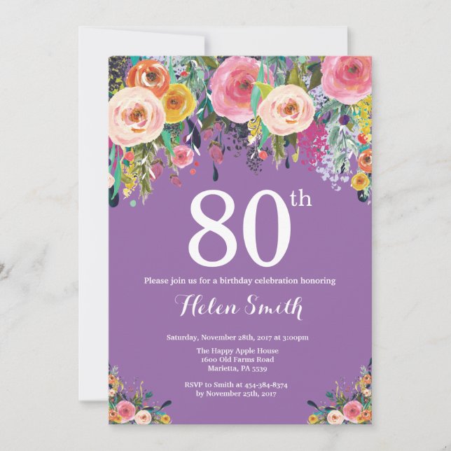 Purple Floral 80th Birthday Invitation (Front)