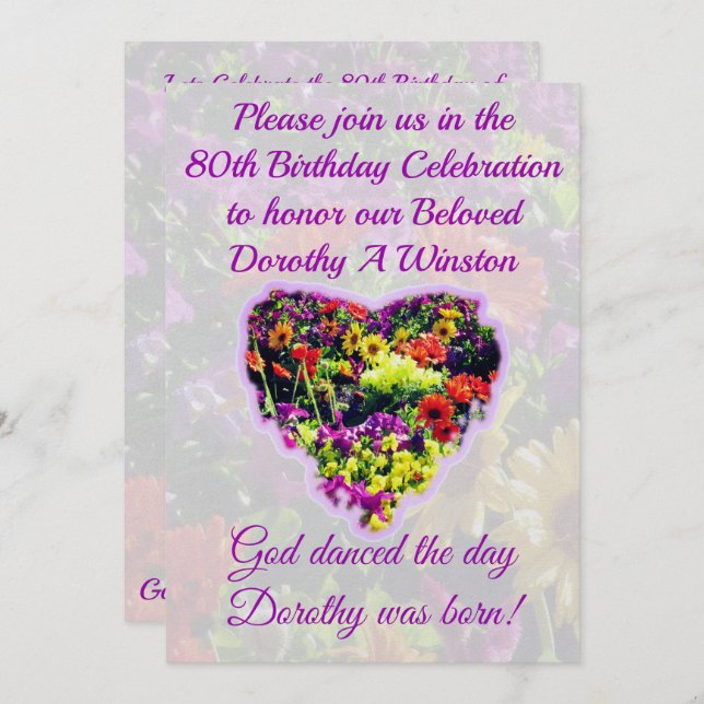 PURPLE FLORAL 80TH BIRTHDAY INVITATION (Front/Back)