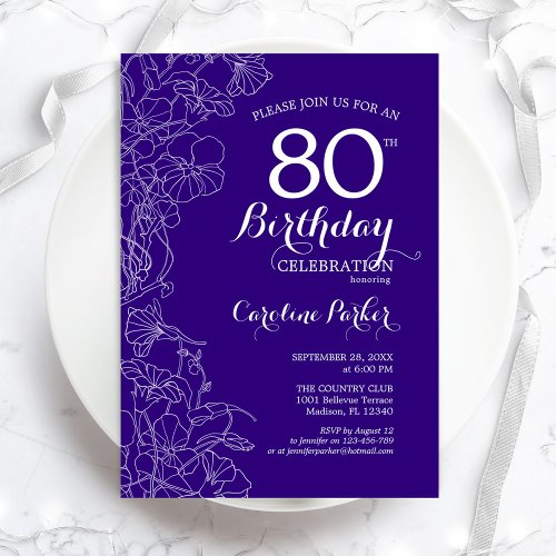 Purple Floral 80th Birthday Party Invitation