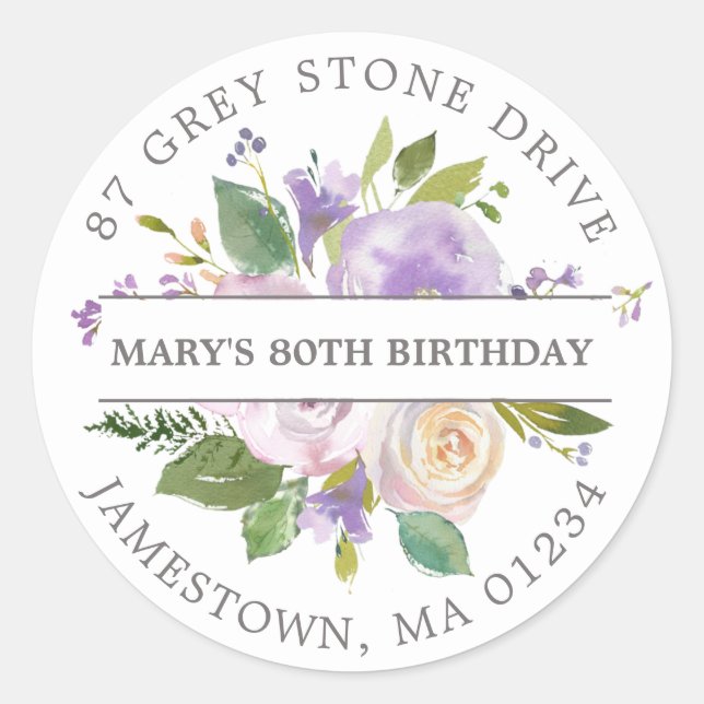 Purple Floral 80th Birthday Return Address Label (Front)