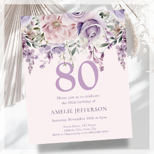 Purple Floral 80th Budget Birthday Invitation