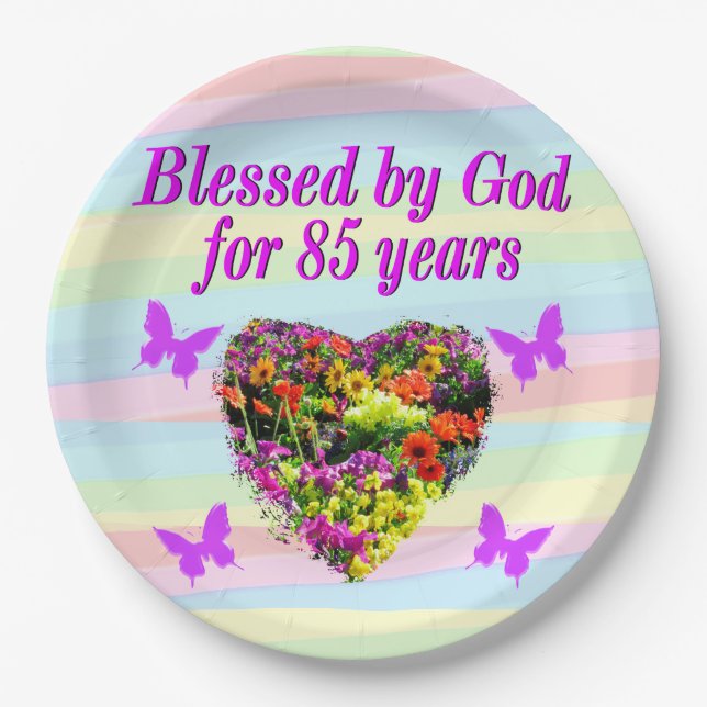 PURPLE FLORAL 85TH BIRTHDAY PAPER PLATES (Front)