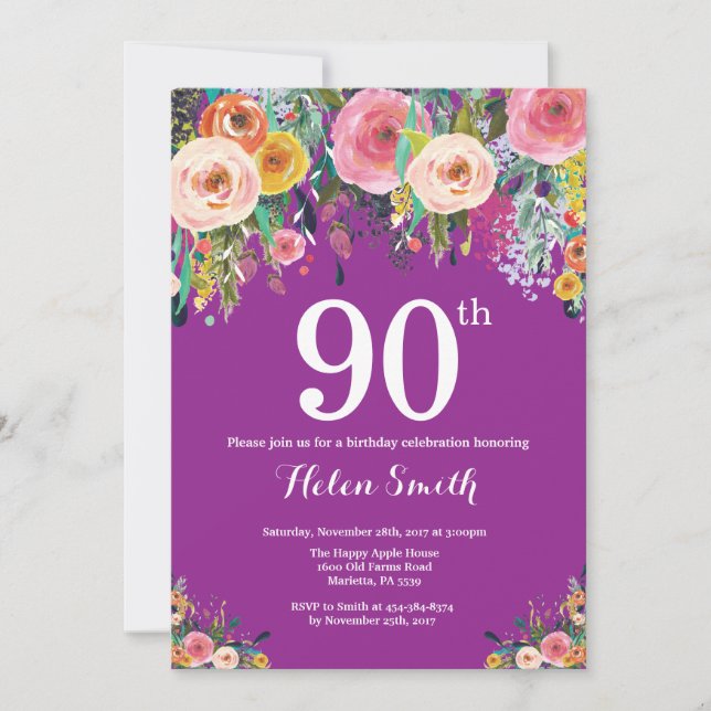 Purple Floral 90th Birthday Invitation (Front)