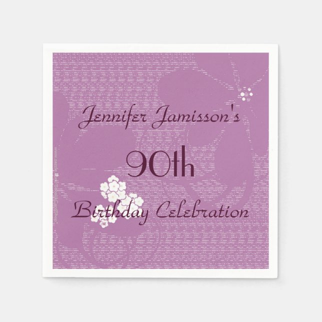 Purple Floral, 90th Birthday Party, Name, Paper Napkins (Front)