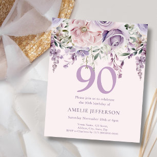 Purple Floral 90th Budget Birthday Invitation