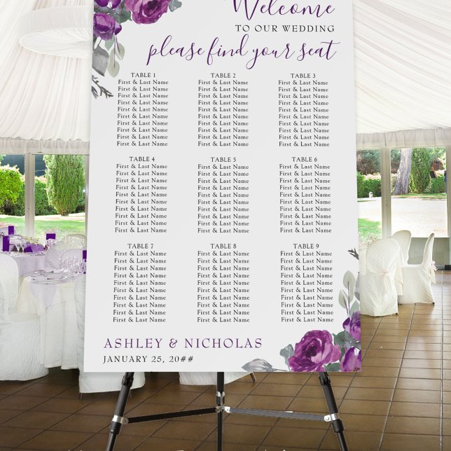 Purple Floral 9 Table Wedding Seating Chart Foam Board (Creator Uploaded)
