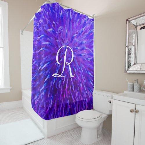 Purple Floral Abstract with White Monogram Shower Curtain