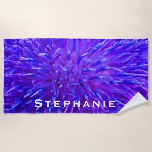 Purple Floral Abstract with White Name Beach Towel