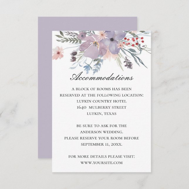 Purple floral accommodations. Wedding details Enclosure Card (Front/Back)