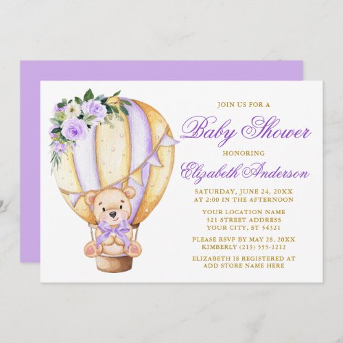 Purple Floral Air Balloon Teddy Bear Baby Shower Invitation