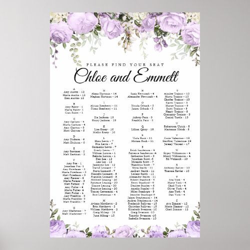 Purple Floral Alphabetical Wedding Seating Chart